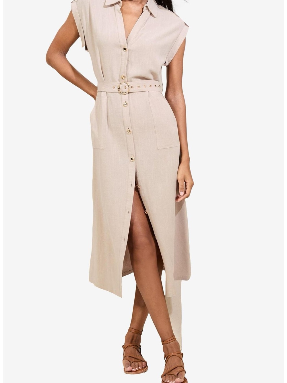 Nordstrom Beige Button-Front Sleeveless Midi Skirt Dress with Belt